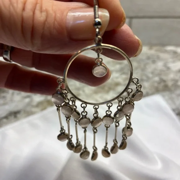 Earrings Chandelier Sterling Silver with Rose Quartz - Picture 3 of 5